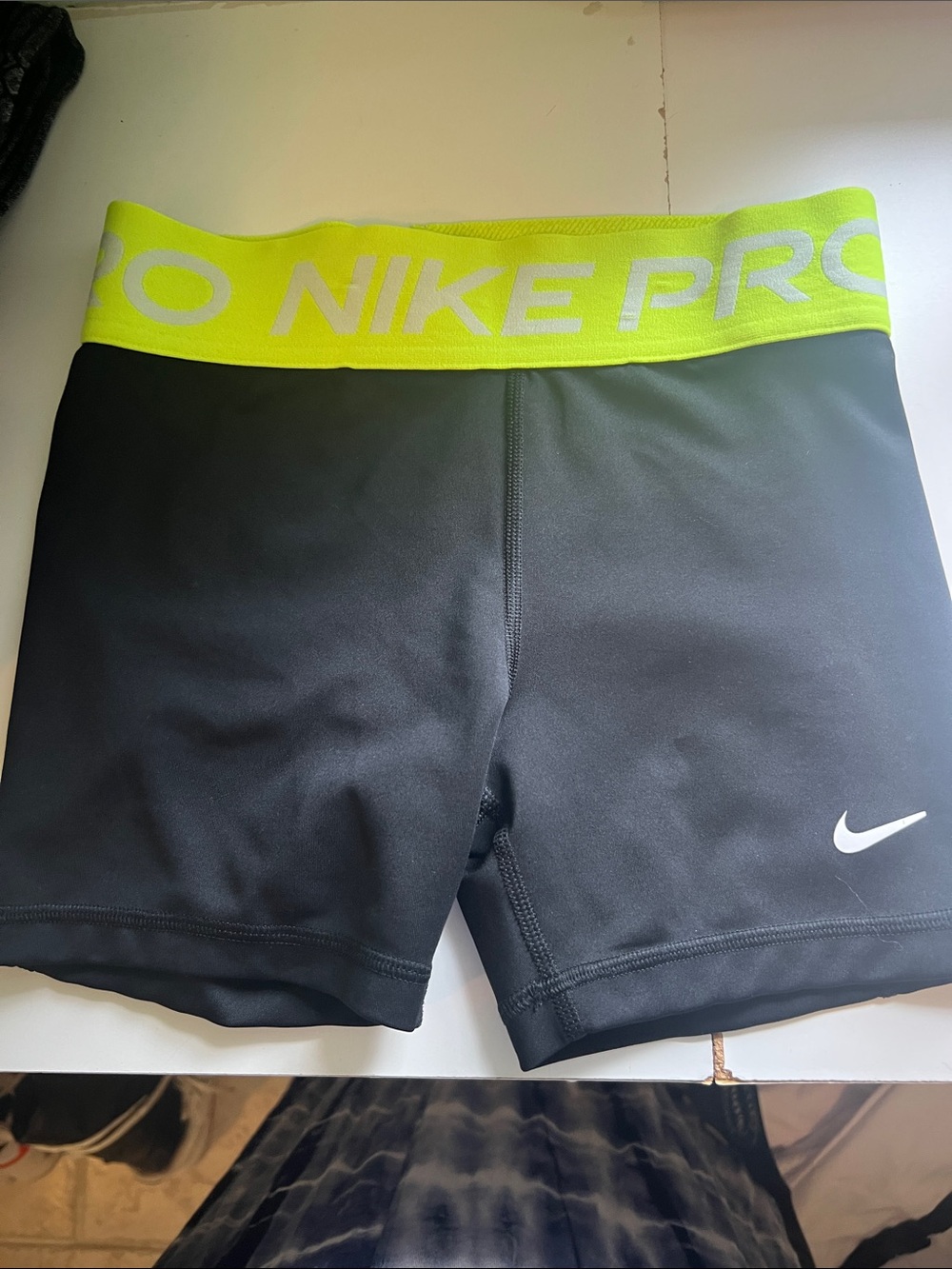Nike Pro Black Compression Shorts with Neon Yellow Waistband-youth medium
